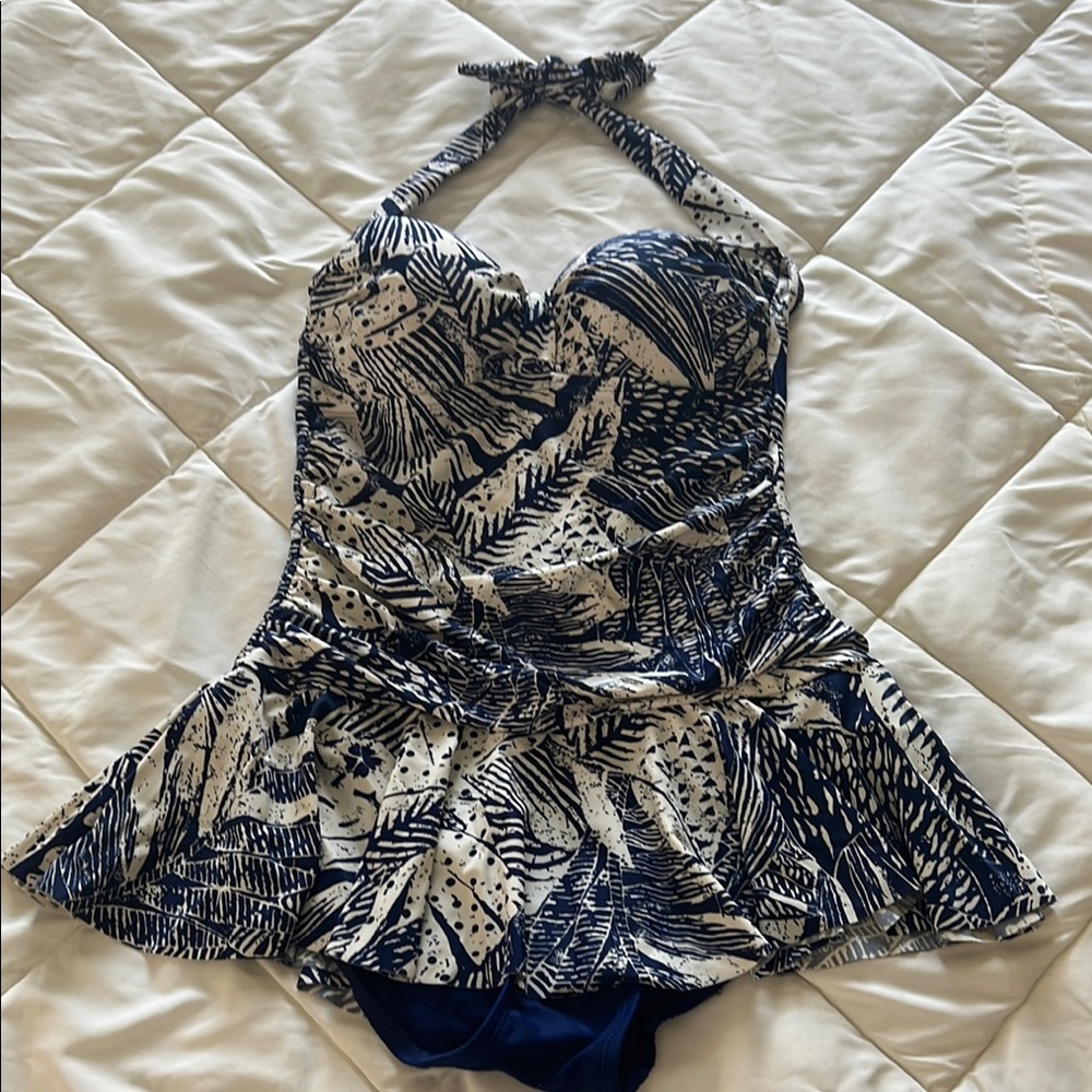 Blue and White Patterned Halter One-Piece Swimsuit with Peplum Skirt
